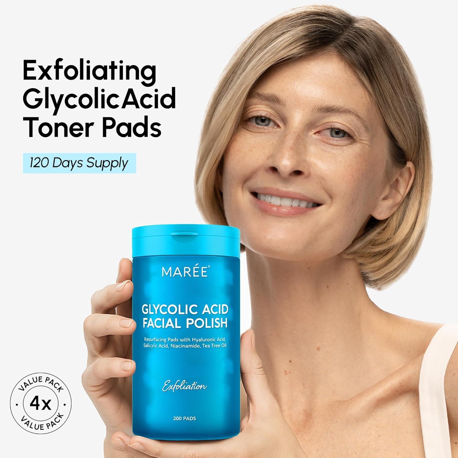 imageMAREE Glycolic Acid Pads Toner Pads for Face Cleansing Exfoliating Pad with Tea Tree Oil Salicylic Acid amp Vitamins E B3 B5 Acne Clearing Skin Pore Resurfacing amp Radiance Device 50 CountGlycolic Pads 200 Pcs