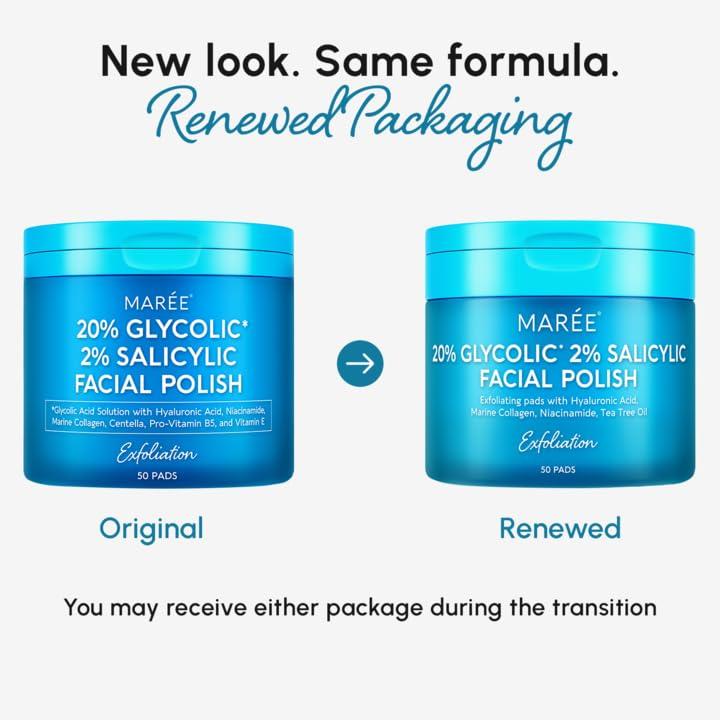 imageMAREE Glycolic Acid Pads Toner Pads for Face Cleansing Exfoliating Pad with Tea Tree Oil Salicylic Acid amp Vitamins E B3 B5 Acne Clearing Skin Pore Resurfacing amp Radiance Device 50 CountGlycolic Salicylic Pads