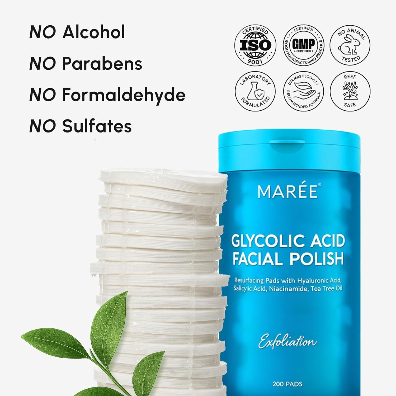 imageMAREE Glycolic Acid Pads Toner Pads for Face Cleansing Exfoliating Pad with Tea Tree Oil Salicylic Acid amp Vitamins E B3 B5 Acne Clearing Skin Pore Resurfacing amp Radiance Device 50 CountGlycolic Pads 200 Pcs