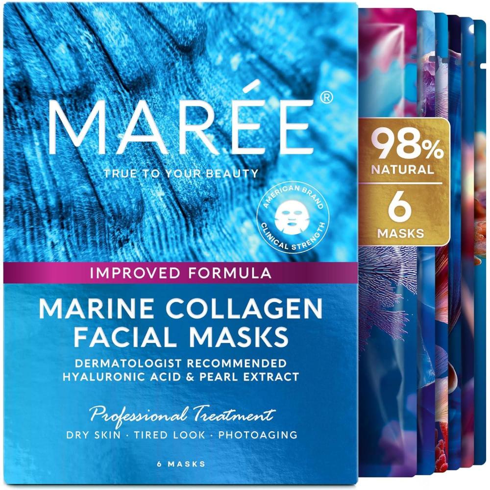 imageMAREE Collagen Facial Mask with Hyaluronic Acid Sheet Face Mask Skincare Centella Asiatica Green amp Red Algae Extract Hydrating Facemask For Women Skin Care Mascarillas Para La Cara 6 CountMulticolor