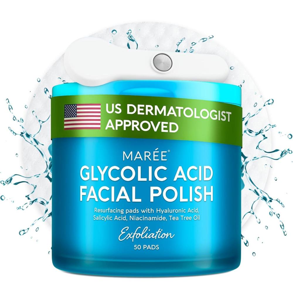 imageMAREE Glycolic Acid Pads Toner Pads for Face Cleansing Exfoliating Pad with Tea Tree Oil Salicylic Acid amp Vitamins E B3 B5 Acne Clearing Skin Pore Resurfacing amp Radiance Device 50 CountGlycolic Pads