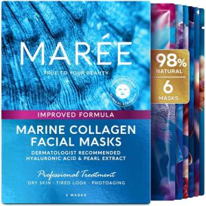 MAREE Collagen Facial Mask with Hyaluronic Acid — Sheet Face Mask Skincare — Centella Asiatica, Green & Red Algae Extract — Hydrating Facemask For Women Skin Care — Mascarillas Para La Cara — 6 Count(Multicolor)