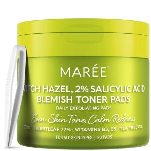 MAREE Glycolic Acid Pads – Toner Pads for Face Cleansing – Exfoliating Pad with Tea Tree Oil, Salicylic Acid & Vitamins E, B3, B5 – Acne Clearing, Skin Pore Resurfacing & Radiance Device – 50 Count(Blemish Toner Pads)