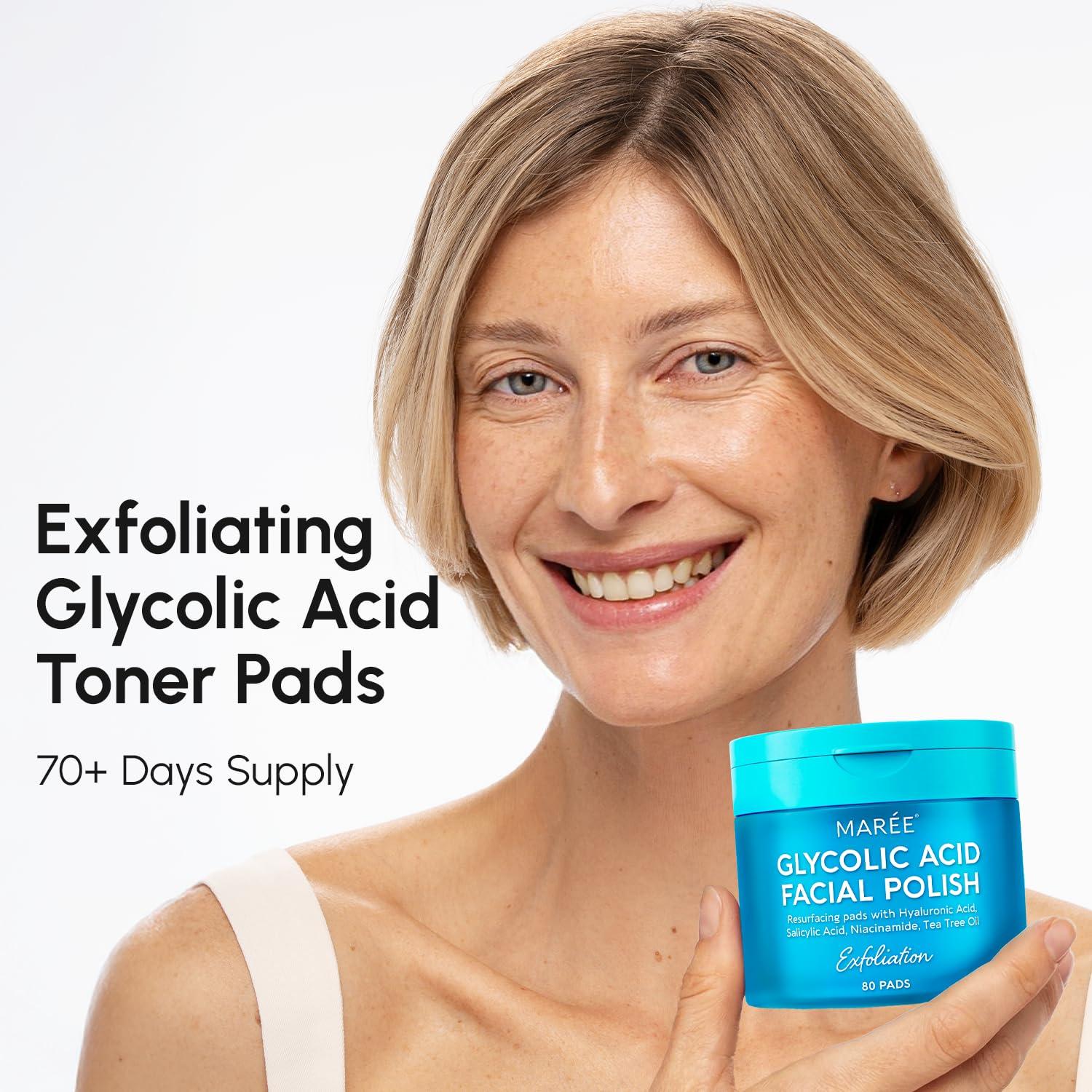 imageMAREE Glycolic Acid Pads Toner Pads for Face Cleansing Exfoliating Pad with Tea Tree Oil Salicylic Acid amp Vitamins E B3 B5 Acne Clearing Skin Pore Resurfacing amp Radiance Device 80 CountGlycolic Pads 80 Pcs