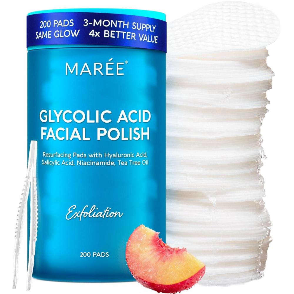 imageMAREE Glycolic Acid Pads Toner Pads for Face Cleansing Exfoliating Pad with Tea Tree Oil Salicylic Acid amp Vitamins E B3 B5 Acne Clearing Skin Pore Resurfacing amp Radiance Device 80 CountGlycolic Pads 200 Pcs