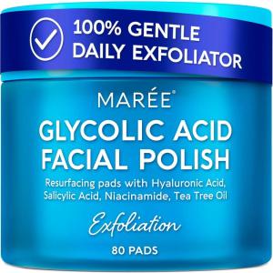 MAREE Glycolic Acid Pads – Toner Pads for Face Cleansing – Exfoliating Pad with Tea Tree Oil, Salicylic Acid & Vitamins E, B3, B5 – Acne Clearing, Skin Pore Resurfacing & Radiance Device – 80 Count(Glycolic Pads 80 Pcs)