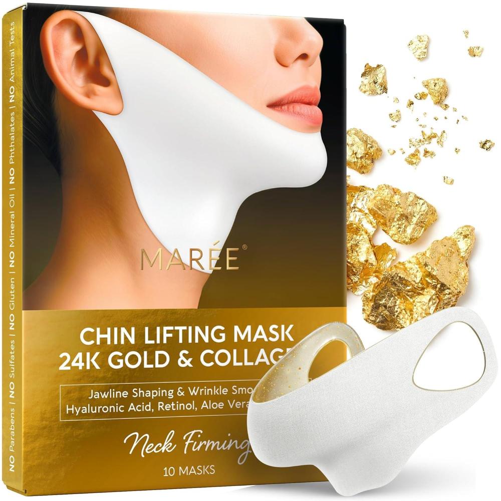 imageMAREE Chin Strap V Line Lifting Mask 24K Gold Face amp Neck Lift Tape Mask Double Chin Strap for Sleeping Neck Wrinkle Patches Reducer amp Jawline Shaper for Firming Tightening amp Lifting 10 PCS10 Count Pack of 1