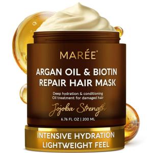 MAREE Curl Repair Hair Mask – Deep Conditioning Care for Damaged, Dry Curly Hair Products for Women & Men – Curl Moisturizer & Conditioner – Tratamiento Mascarilla para el Cabello Seco y Maltratado(Argan Oil & Biotin)