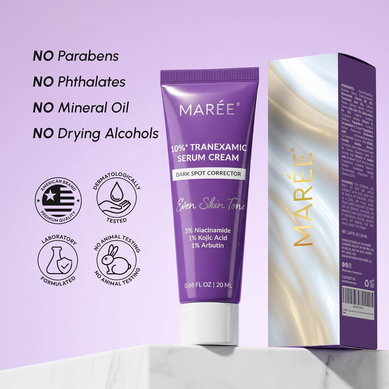imageMAREE 10 Tranexamic Serum Cream Alpha Arbutin Cream with Tranexamic Acid Niacinamide Dark Spot Corrector with Alfa Arbutin Acido Tranexamico Crema para Manchas Oscuras en la CaraViolet