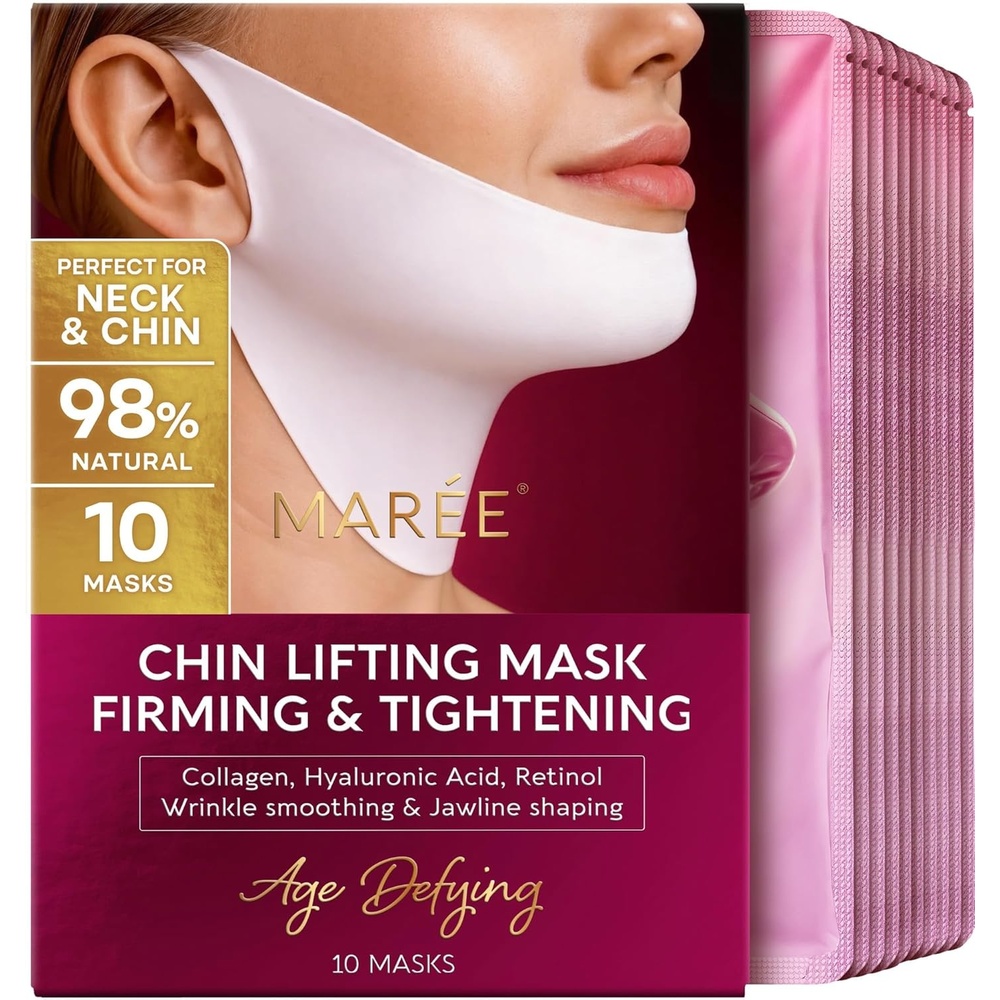 imageMAREE V Line Lifting Mask Anti Aging Neck Lift Tape amp Chin Strap for Sleeping Tightening and Lifting Neck Wrinkle Patch and Double Chin Reducer for Face Lift Depuffer Jawline Shaper Facial Masks10 Count Pack of 1