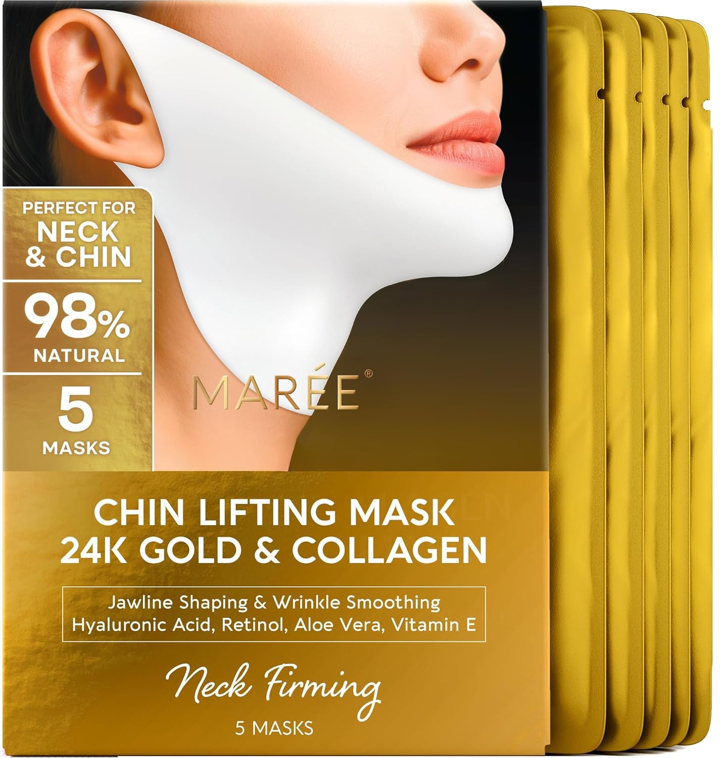 image:imageMAREE V Line Lifting Mask with PDRN Salmon DNA Deep Collagen Face Mask for Women Jawline Shaper Facial Masks with Retinol Tightening amp Firming Neck Lift Tape Double Chin Strap for Face LiftGold