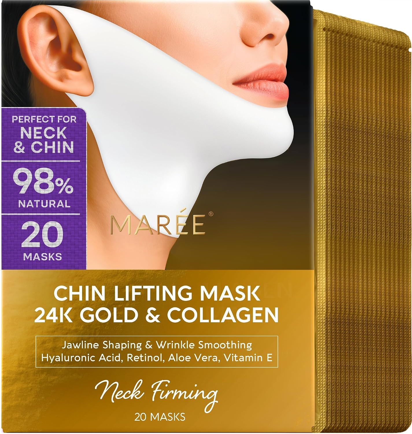 image:imageMAREE V Line Lifting Mask with PDRN Salmon DNA Deep Collagen Face Mask for Women Jawline Shaper Facial Masks with Retinol Tightening amp Firming Neck Lift Tape Double Chin Strap for Face LiftGold